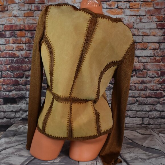 Carducci Sz Medi Leather Suede Jacket Crochet Patchwork Button Tan Boho Cowgirl - Picture 6 of 12